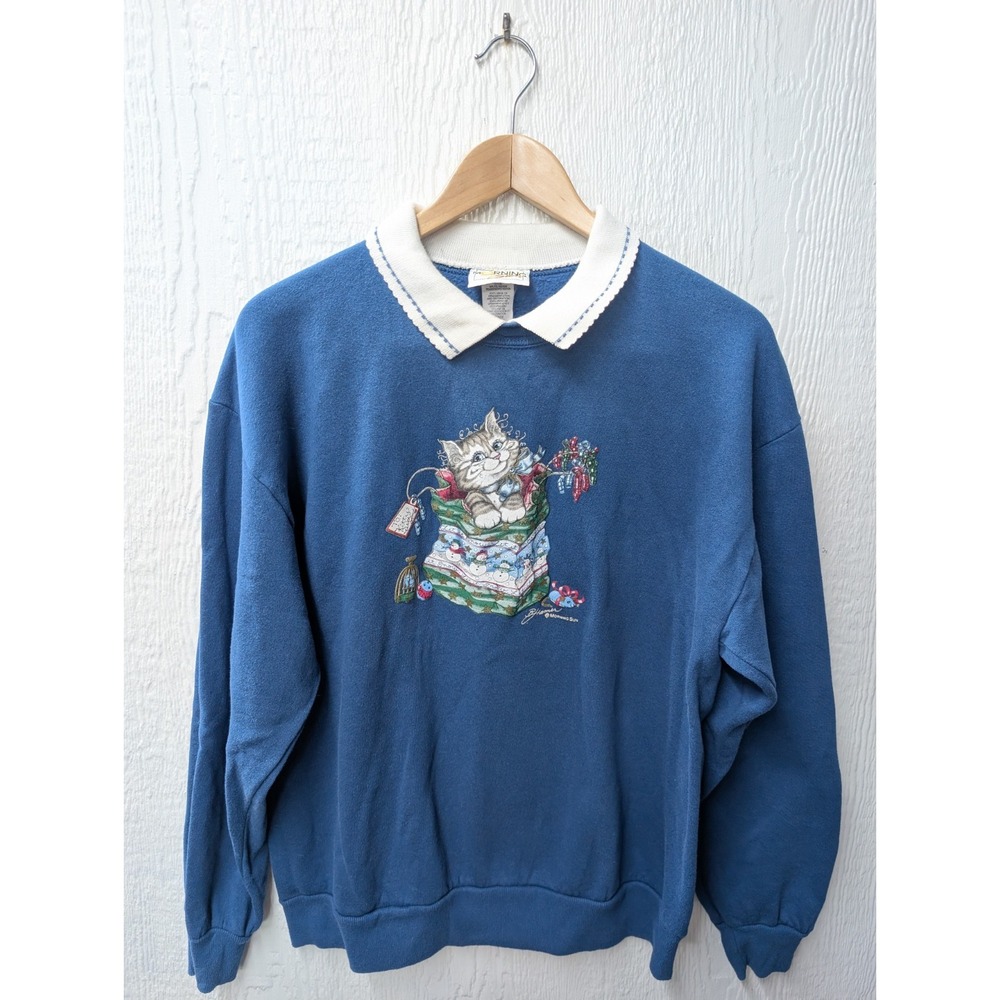 Vtg Morning Sun Christmas Cats Blue Sweatshirt Grannycore Grandma Cottage Large